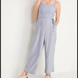 Linen-Blend Tie-Belt Wide-Leg Jumpsuit